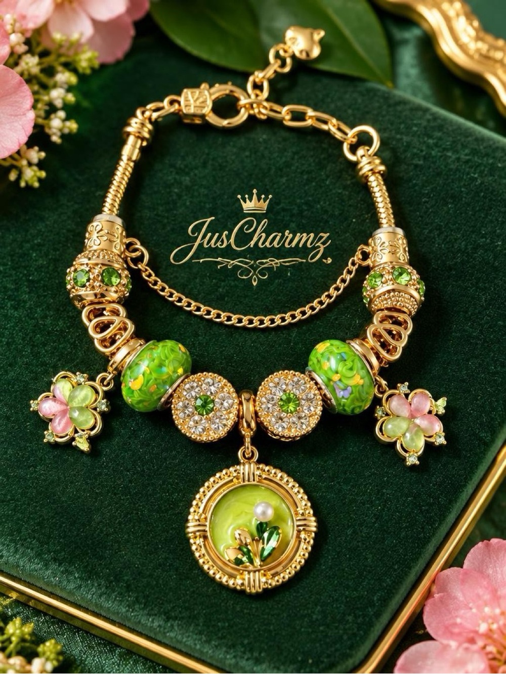 Botanical Green & Pink Floral Charm Bracelet